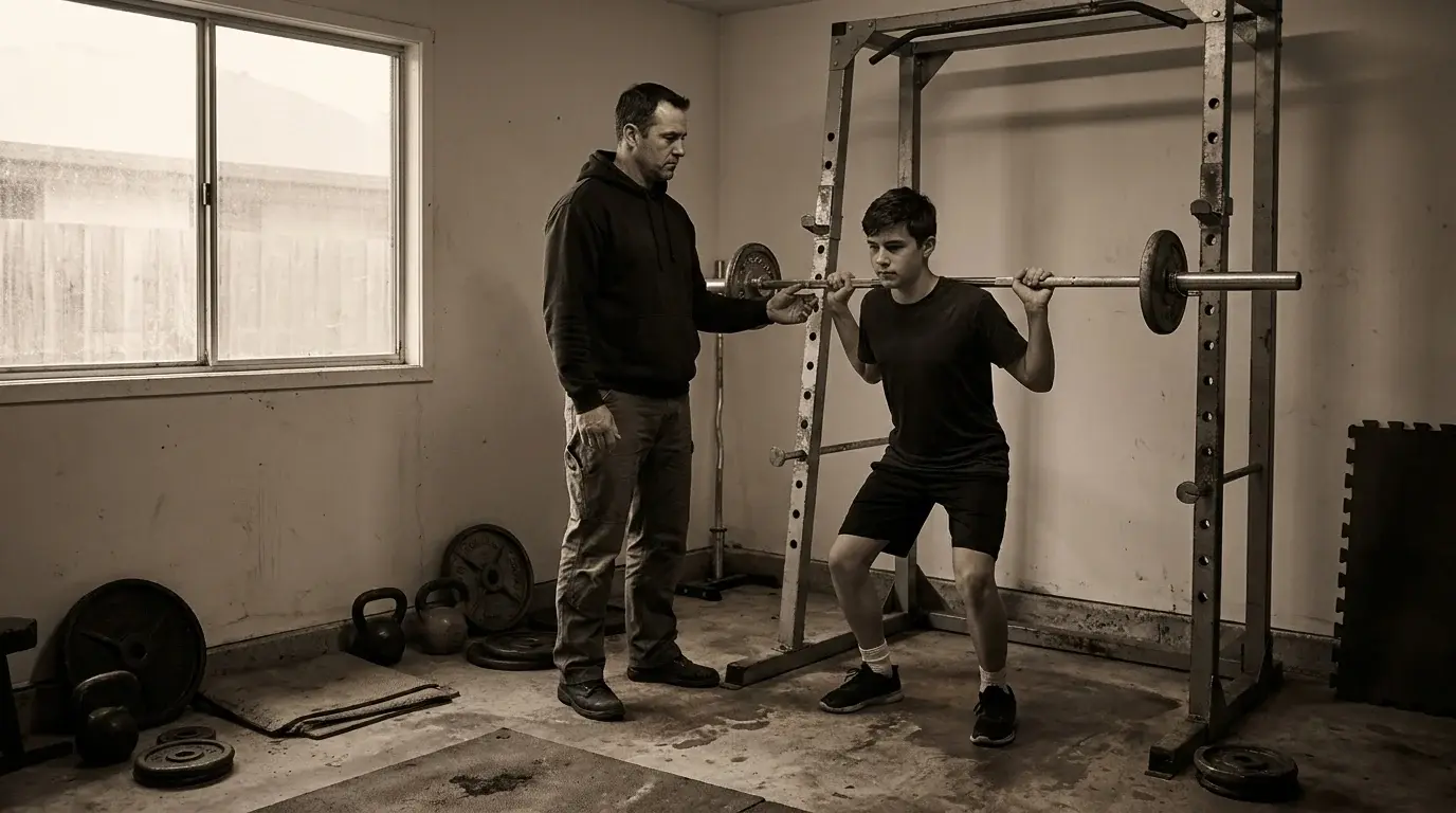 A father coaching his teenage son through a light barbell squat in a home garage gym - training with your son
