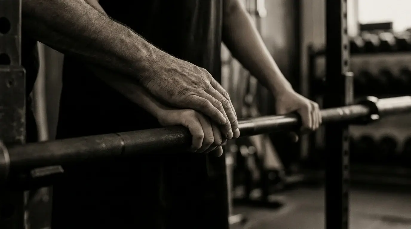 A father's hands guiding his son's grip on a barbell, close up in low light - training with your son