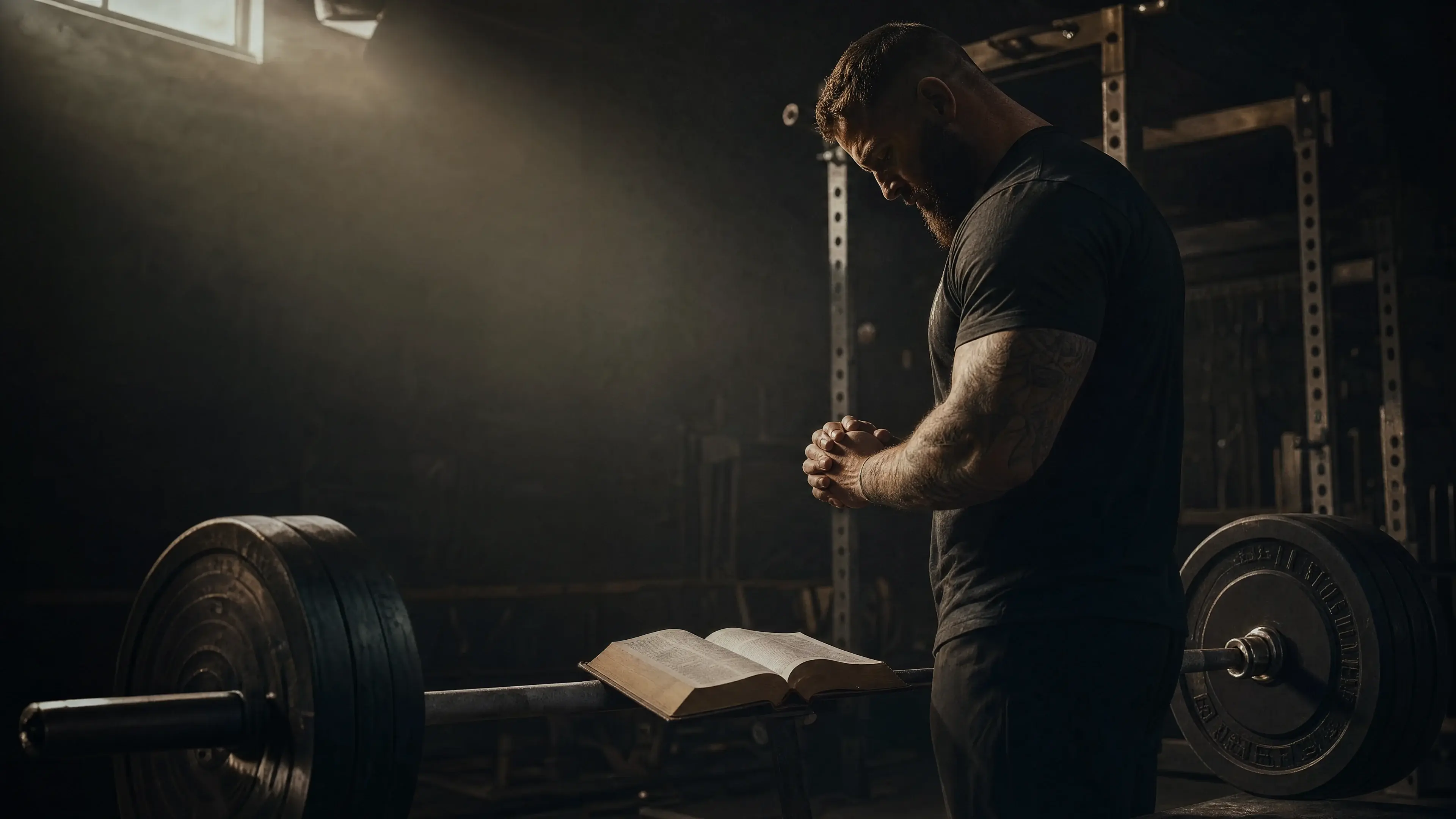 Faith-driven male lifter in silent contemplation beside an open Bible on a loaded barbell in a dramatic garage gym — what the bible says about physical strength