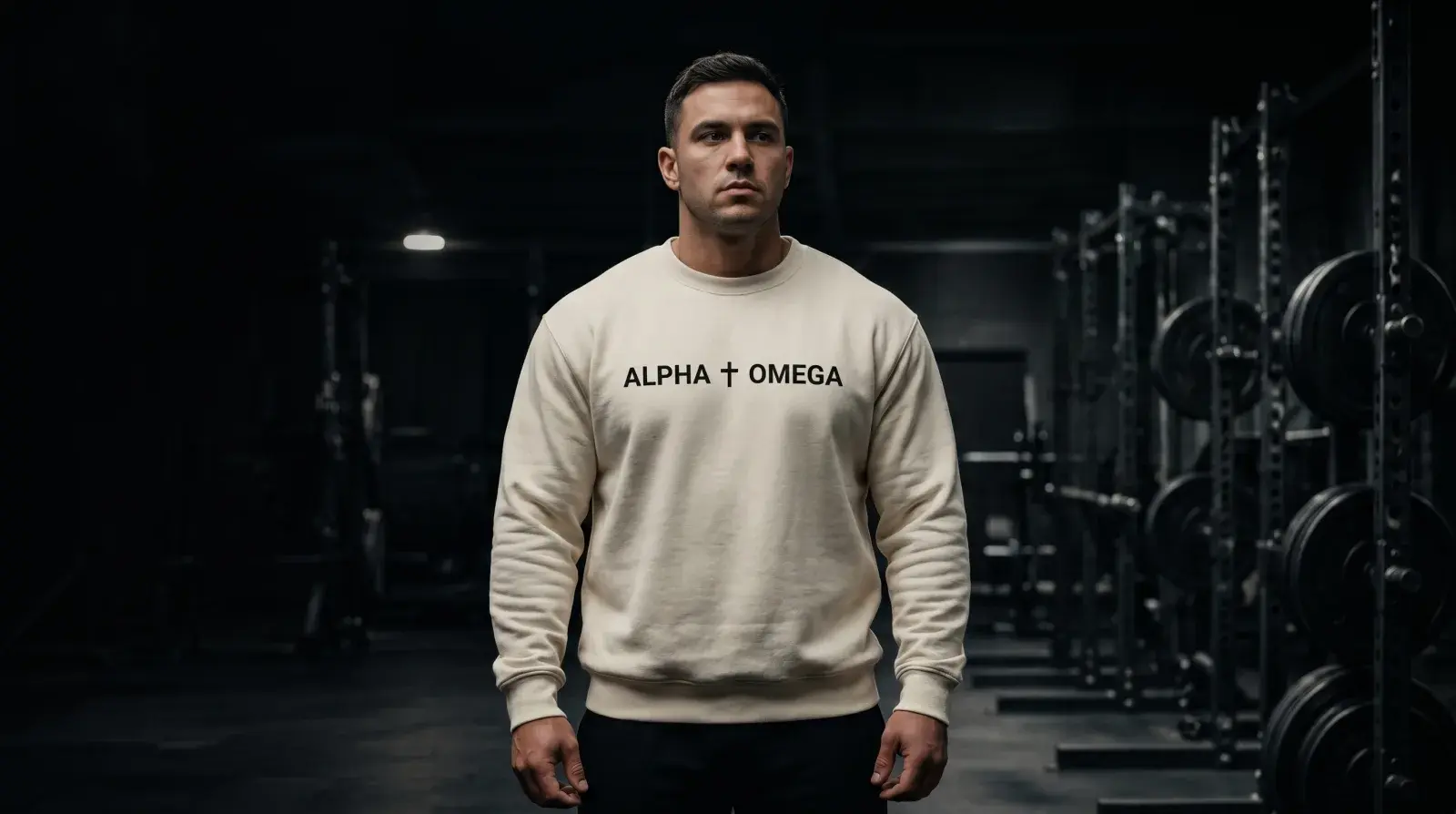 Portrait of an athlete in the cream Alpha Omega sweater