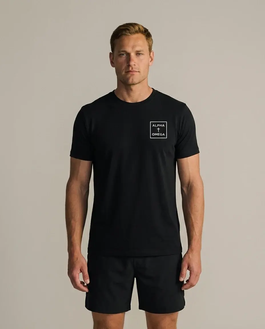 Model wearing the AO Cornerstone tee in black, front view