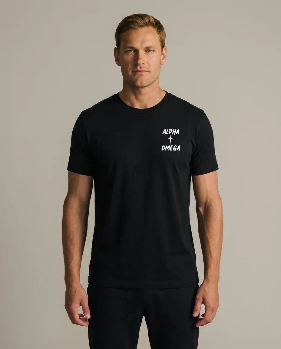 Model wearing the AO Warpaint tee in black, front view
