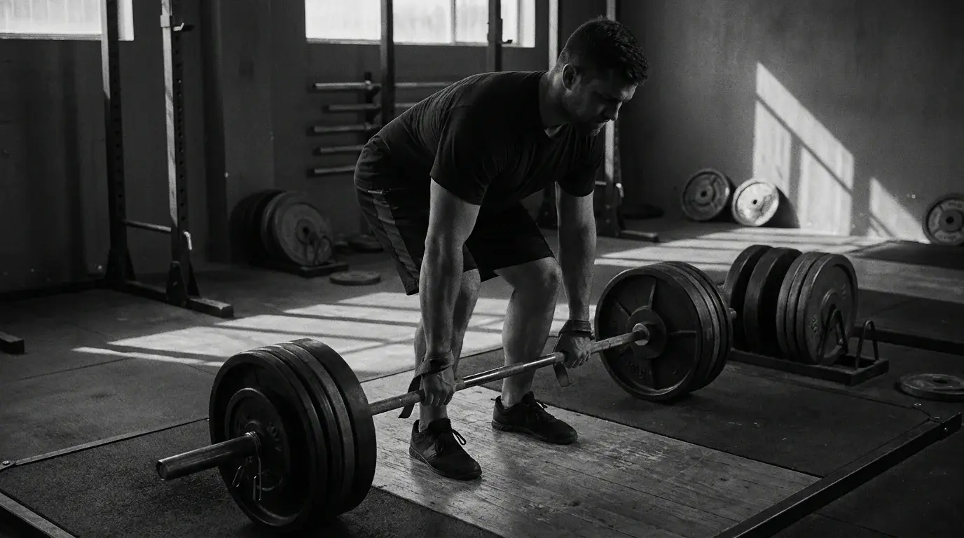 Faith-driven male lifter set up over a loaded barbell in the bottom of a deadlift, head down in focus before the pull - deadlift form guide