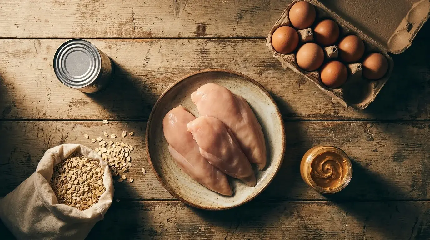 Overhead flat lay of budget protein staples — chicken, eggs, tuna, oats, peanut butter — on a wooden surface, cinematic light — strength training nutrition on a budget