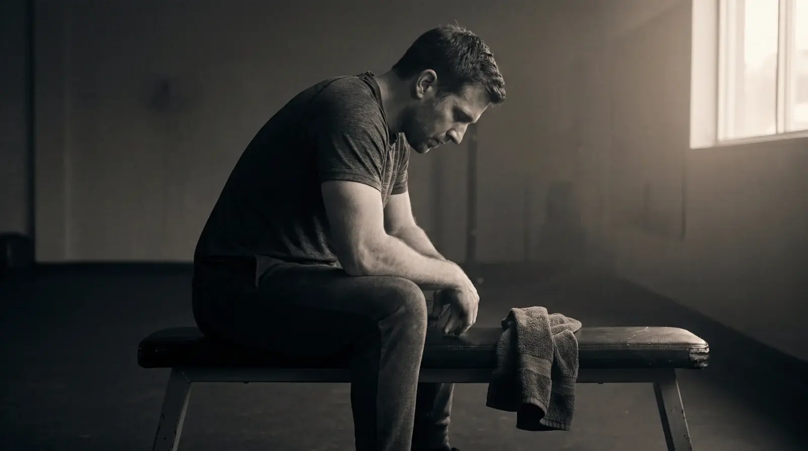 Faith-driven male lifter sitting still on a weight bench on his day off in warm window light — sabbath rest for athletes