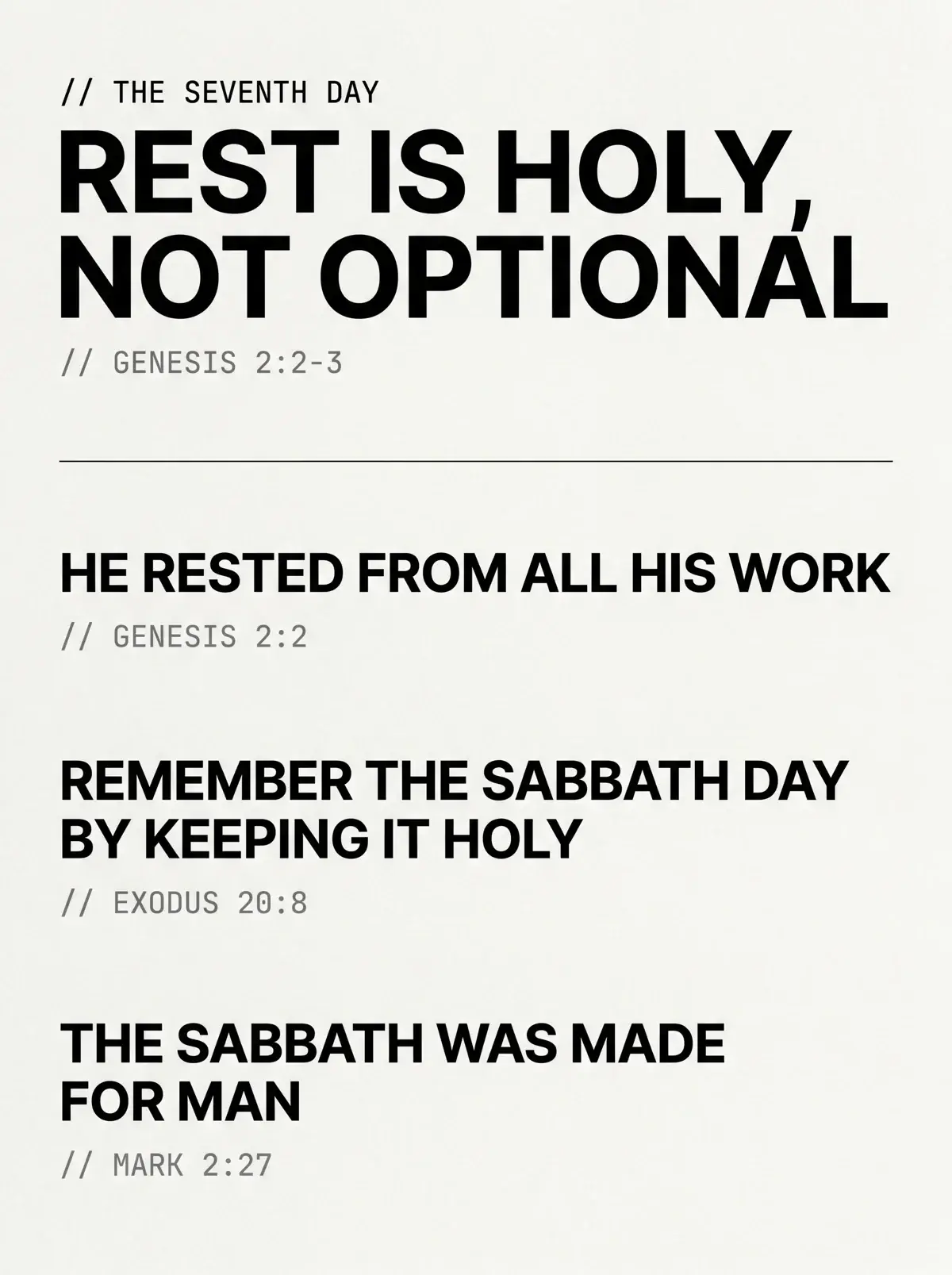 Editorial infographic on the theology of the seventh day with Genesis 2:2-3, Exodus 20:8, and Mark 2:27 citations — sabbath rest for athletes