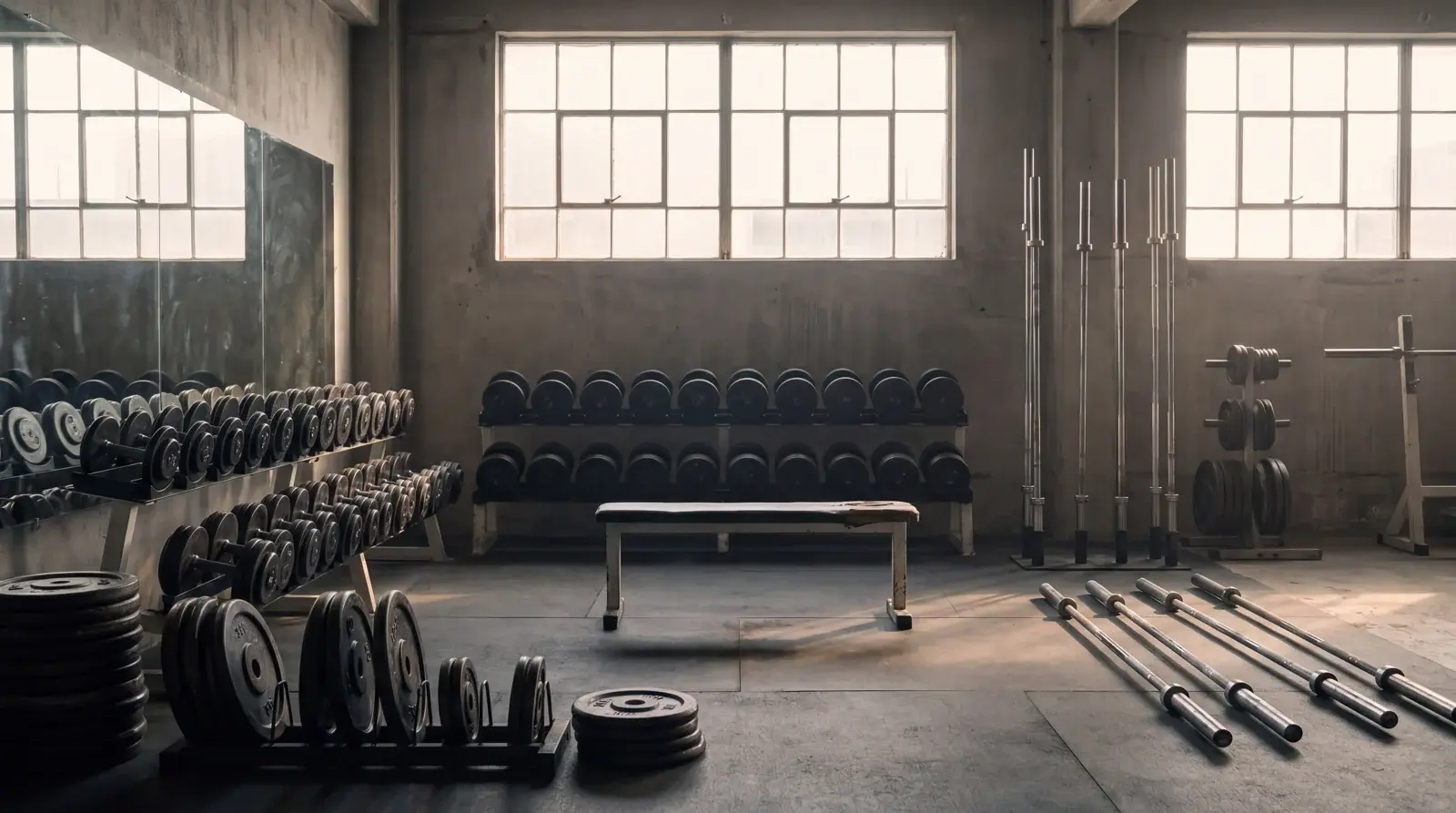 Wide shot of an empty, orderly strength gym at rest in morning light, no people present — sabbath rest for athletes