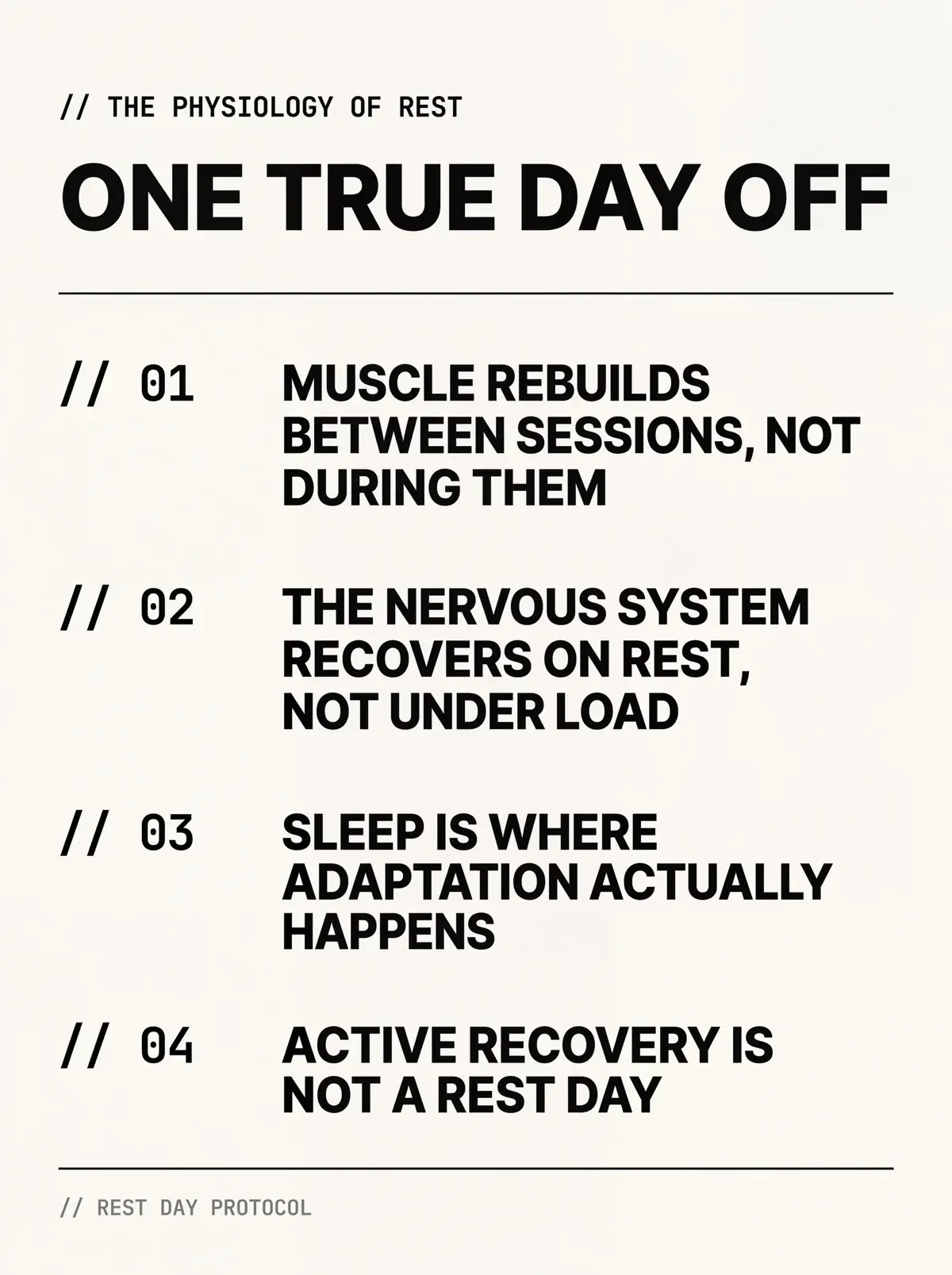 Editorial infographic on the physiology of rest — muscle repair, nervous system recovery, sleep, and why active recovery is not a rest day — sabbath rest for athletes