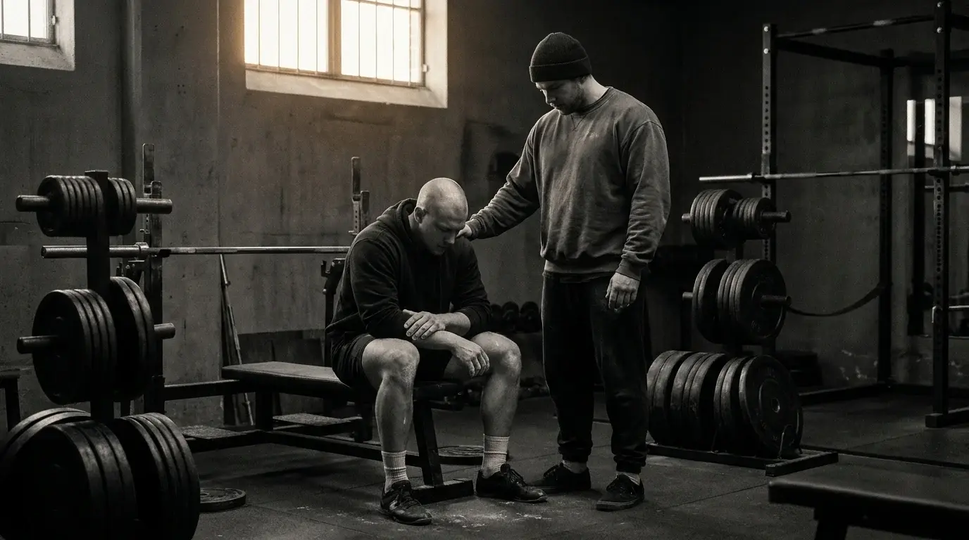 Two faith-driven lifters in a quiet moment of accountability between sets in a spare strength gym — faith-driven training partner