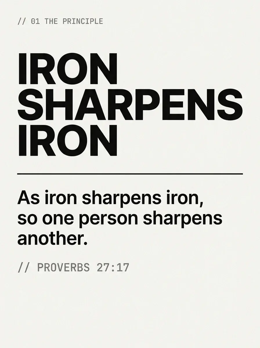 Infographic reading Iron Sharpens Iron with the verse and Proverbs 27:17 citation — the principle behind a faith-driven training partner
