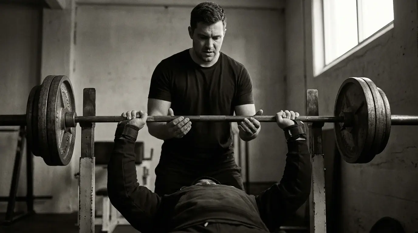 A spotter's hands ready under a loaded barbell during a bench press — trust under load with a faith-driven training partner