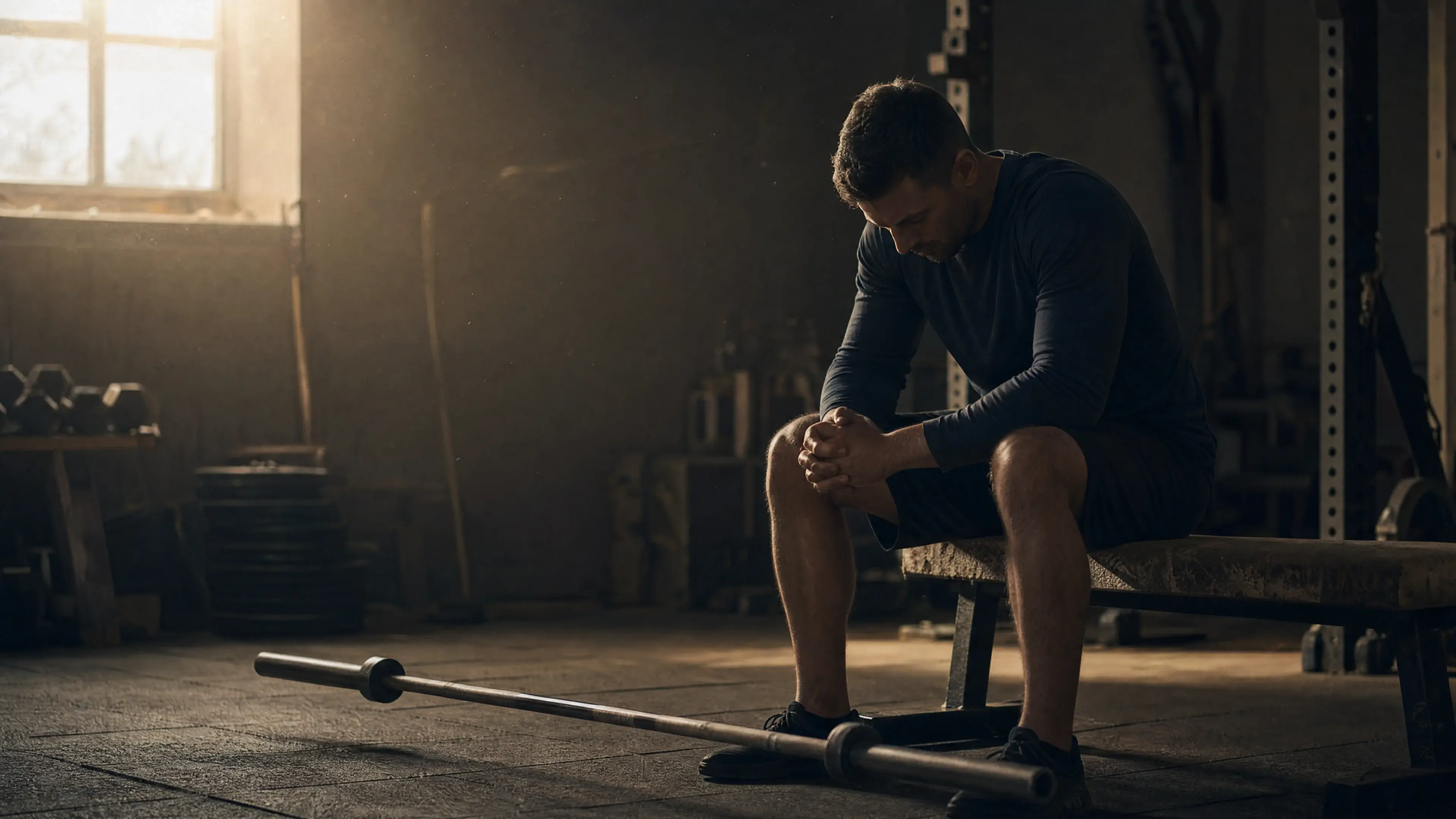 A faith-driven man sitting in silence on a worn bench beside an unloaded barbell in a dim garage gym at dawn — training through hard seasons