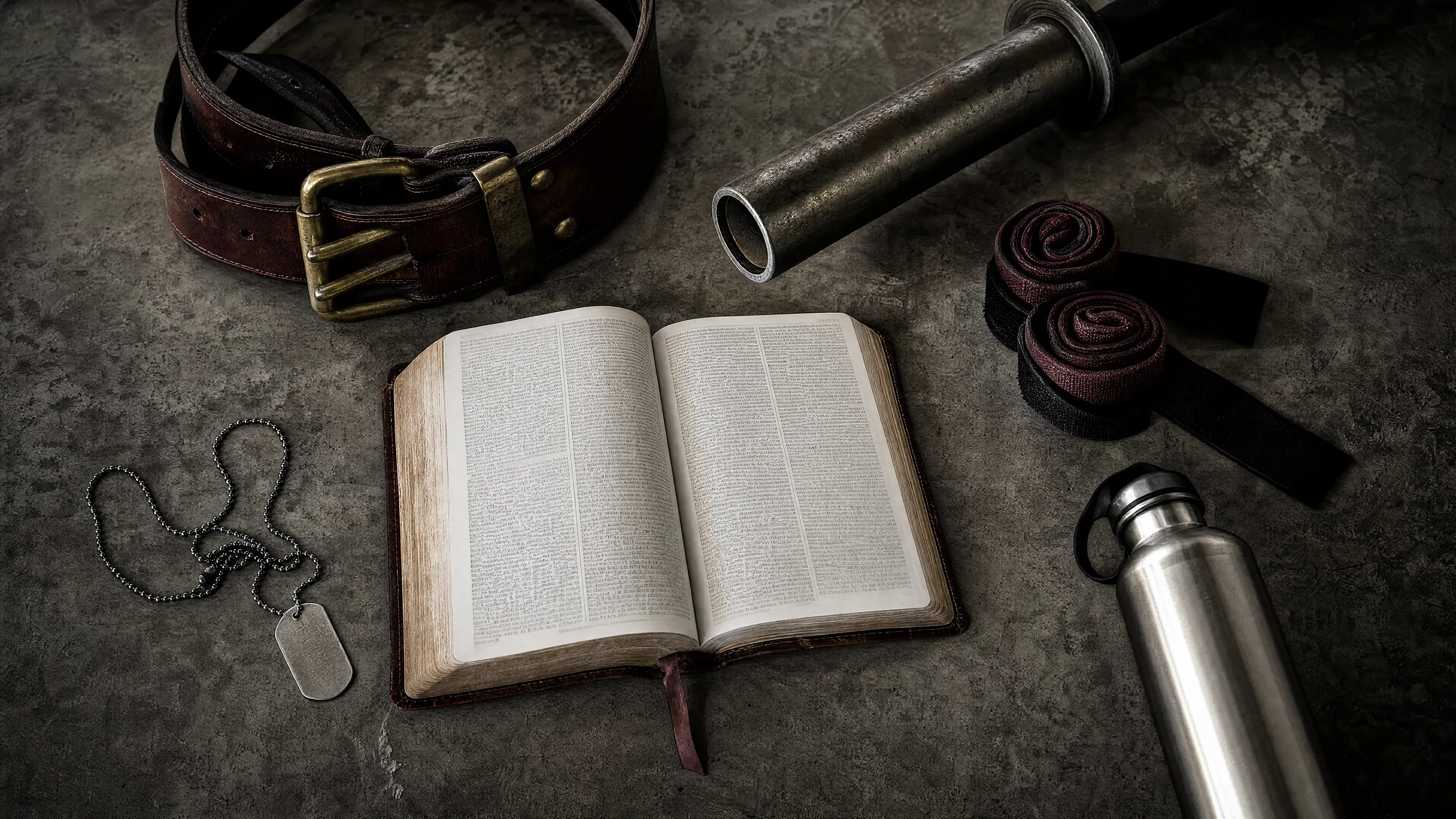 Editorial overhead still life of a worn Bible, a brass belt buckle, a barbell sleeve, wrist wraps, a water bottle, and a dog tag on weathered concrete — training through hard seasons