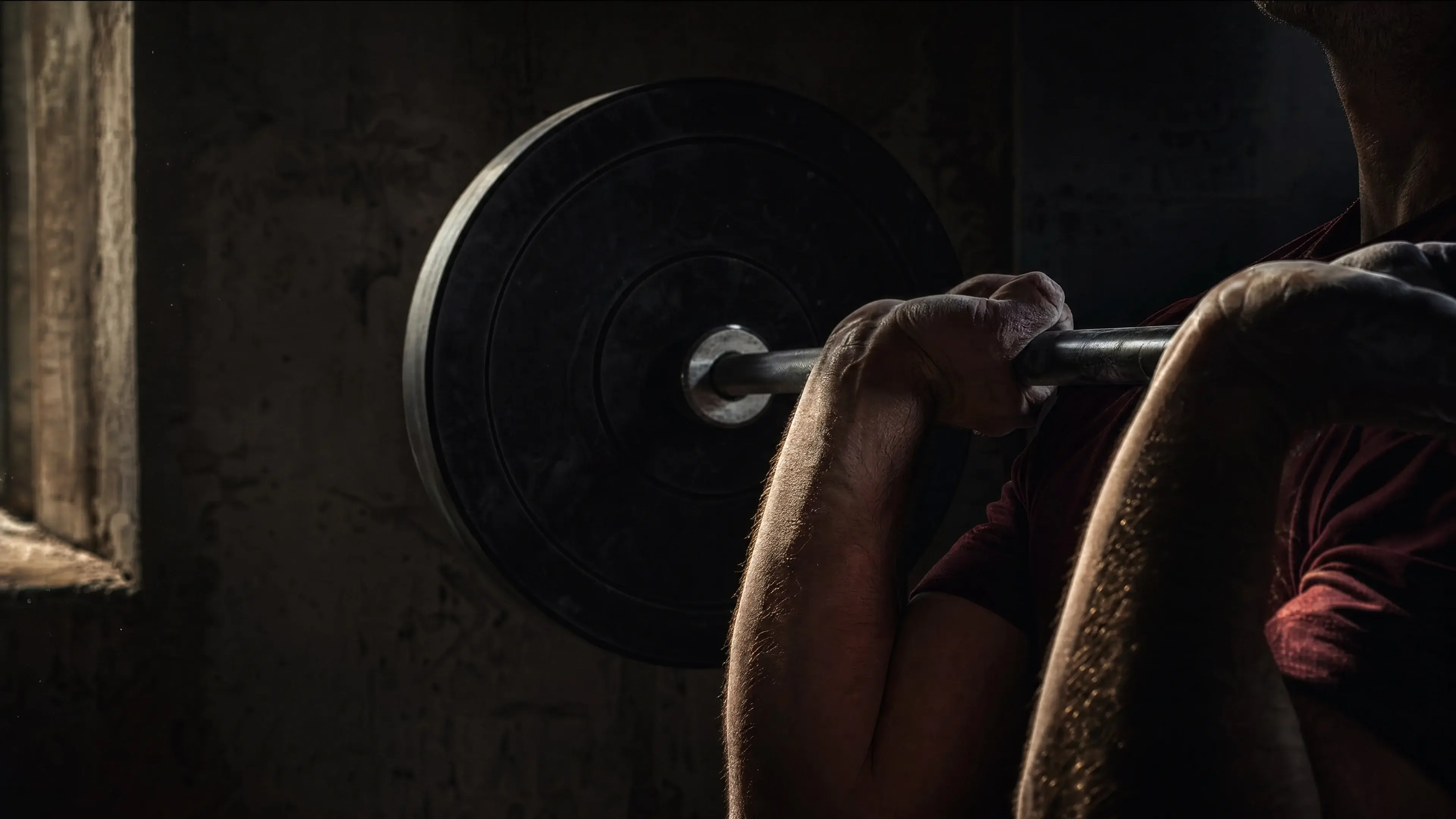 Calloused chalked hands gripping a loaded Olympic barbell at chest height in dramatic side light — training through hard seasons