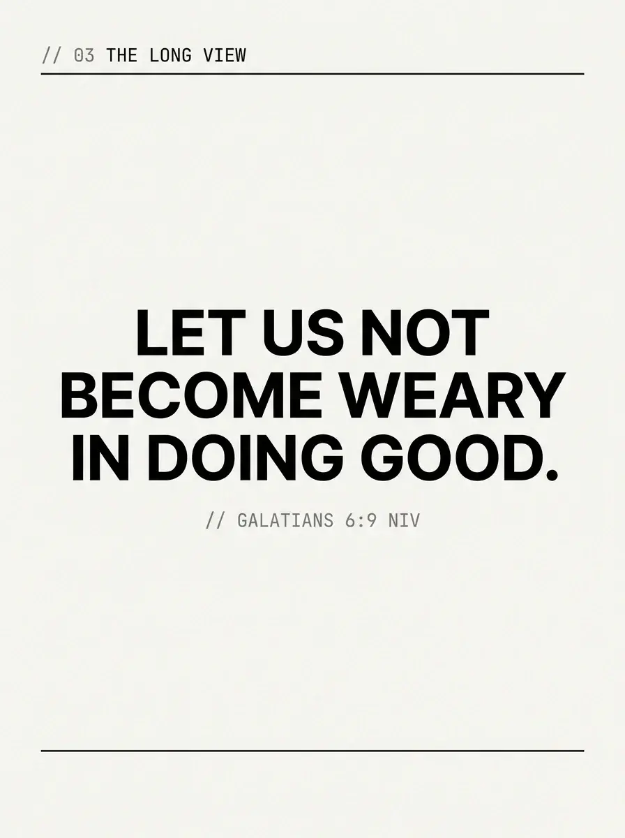 Typographic infographic reading Let us not become weary in doing good, cited to Galatians 6:9 NIV - the long view for the faith-driven lifter