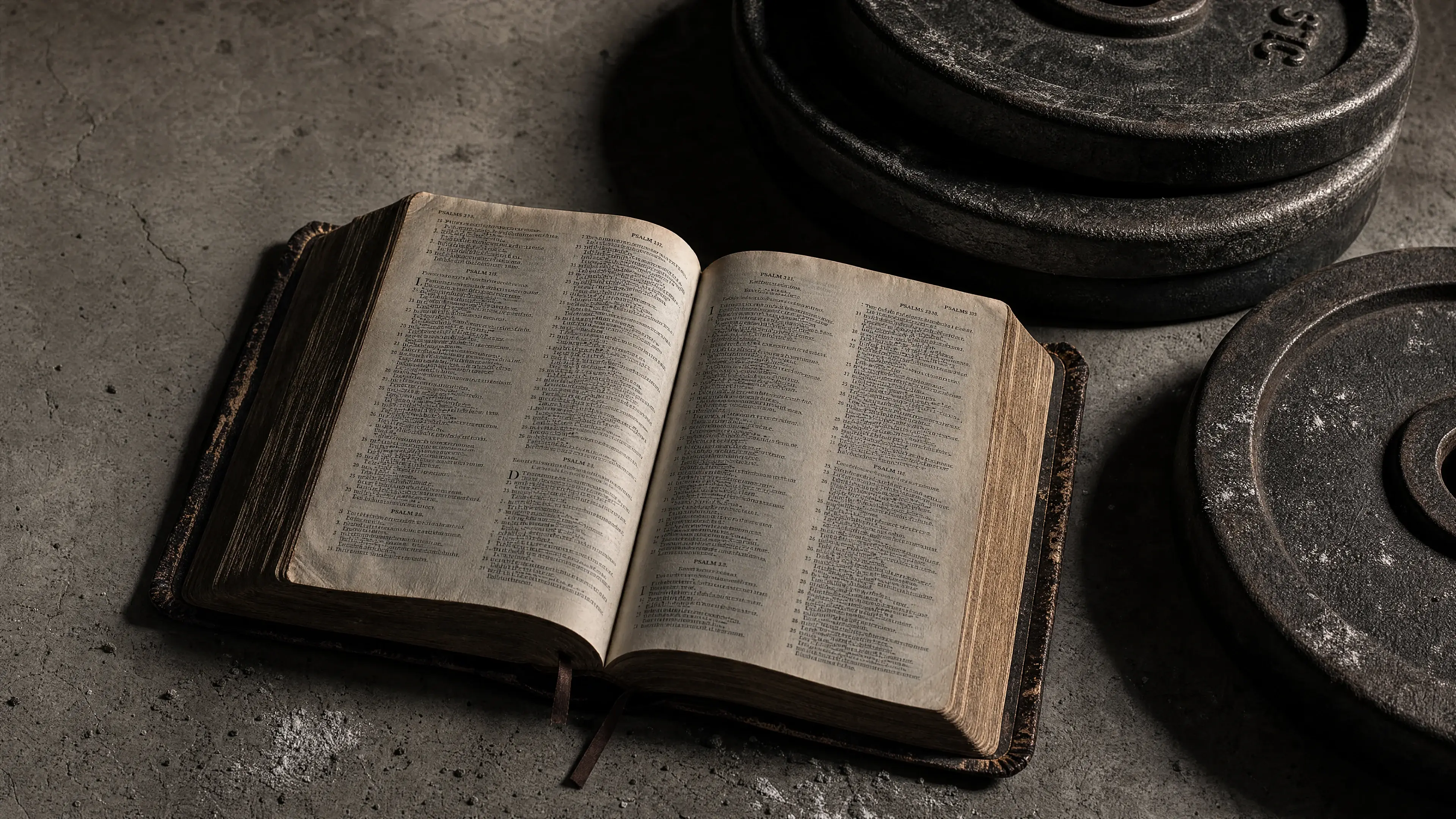 Worn leather Bible open to the Psalms on a concrete gym floor beside iron weight plates and chalk dust — what the bible says about physical strength