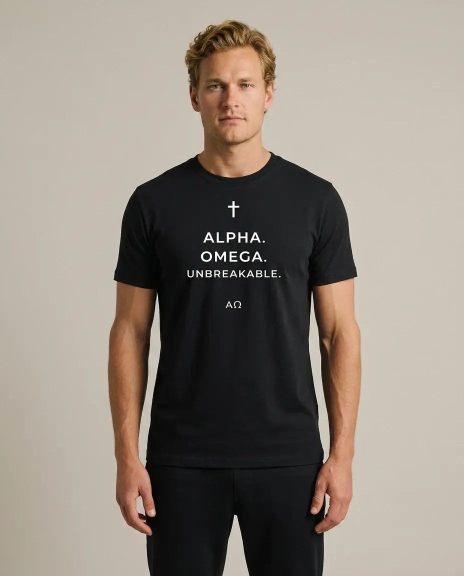 Model wearing the AO Unbreakable tee in black, front view